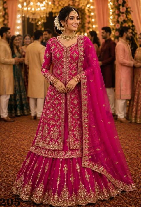 Pink Embroidered, Sequins and Stone Work Net Lehenga Choli